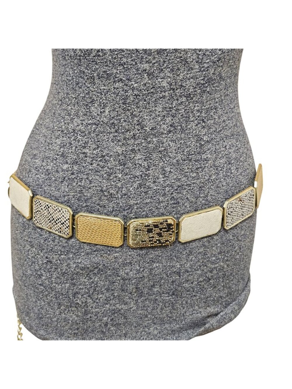 Chico's Womens Belt Gold Tone Metal Chain Reptile Embossed and Textured Panels